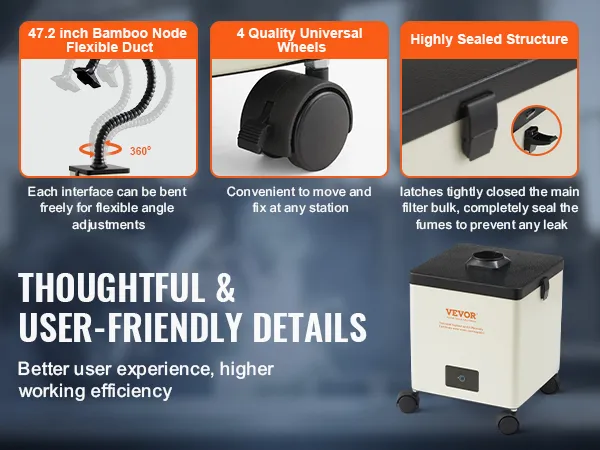 thoughtful and user-friendly VEVOR solder fume extractor with flexible duct, universal wheels, sealed structure.