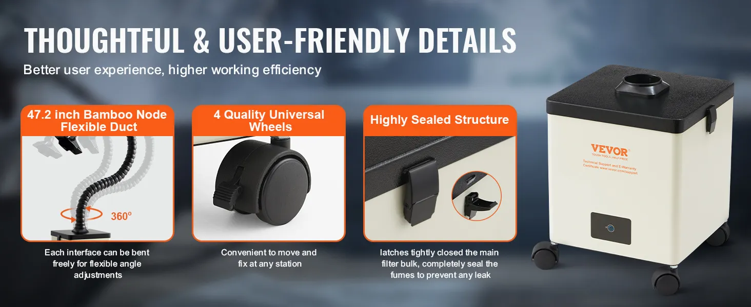 thoughtful and user-friendly VEVOR solder fume extractor with flexible duct, universal wheels, sealed structure.