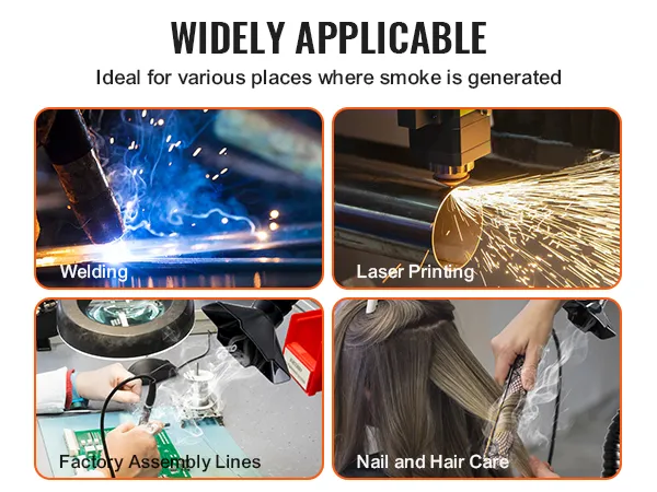 VEVOR solder fume extractor used for welding, laser printing, factory assembly lines, and nail care.