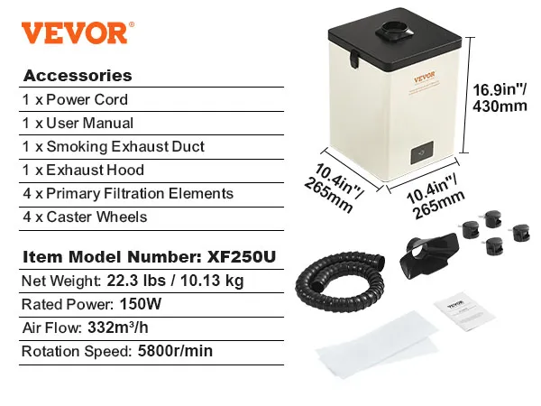 VEVOR Lötrauchabsaugung xf250u mit Zubehör einschließlich Abluftschlauch, Haube und Filterelementen.