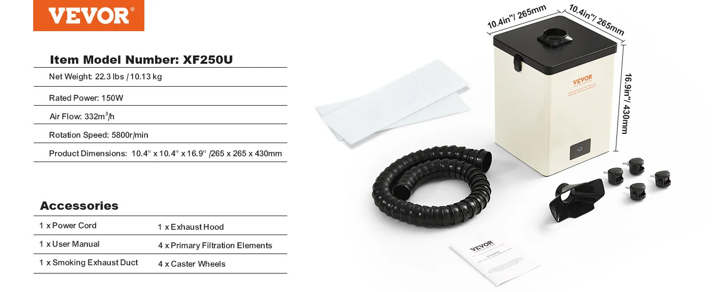 VEVOR soldeerdampafzuiger xf250u met accessoires zoals afzuigslang, afzuigkap en filterelementen.