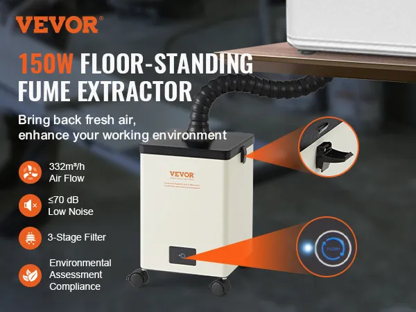VEVOR-Lötrauchabsaugung mit 150 W Leistung, 332 m³/h Luftstrom, geringer Geräuschentwicklung und 3-Stufen-Filter.