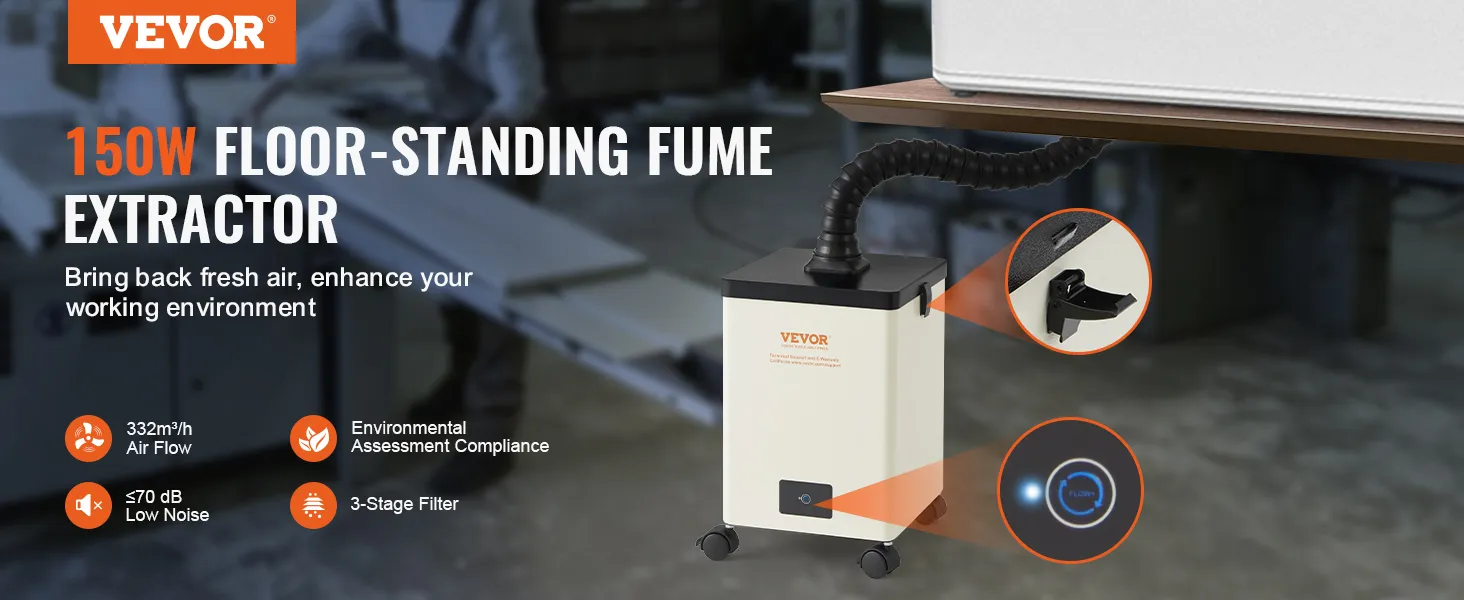 VEVOR soldeerdampafzuiger met 150 W vermogen, 332 m³/u luchtstroom, laag geluidsniveau en 3-traps filter.