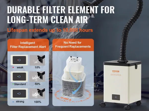 VEVOR-Lötrauchabsaugung mit intelligenter Filterwarnung, 10.000 Stunden Lebensdauer und Clean-Air-Technologie.