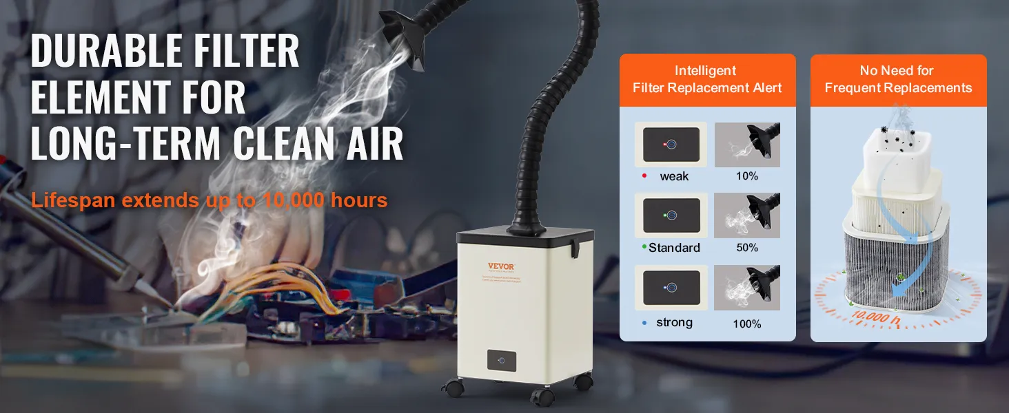 VEVOR soldeerdampafzuiger met intelligent filteralarm, levensduur van 10.000 uur en schoneluchttechnologie.