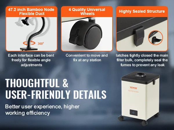 VEVOR-Lötrauchabsaugung mit 47,2-Zoll-Flexkanal, Universalrädern und hochversiegelter Struktur.