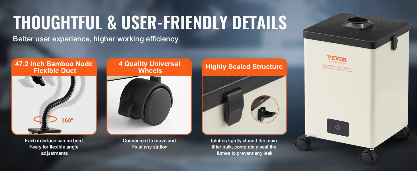 VEVOR soldeerdampafzuiger met 120 cm flexibele buis, universele wielen en zeer goed afgedichte constructie.