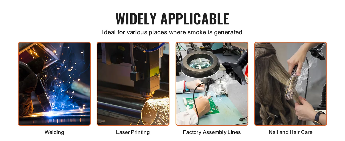 VEVOR soldeerdampafzuiger voor gebruik bij lassen, laserprinten, assemblagelijnen in fabrieken en bij nagel- en haarverzorging.