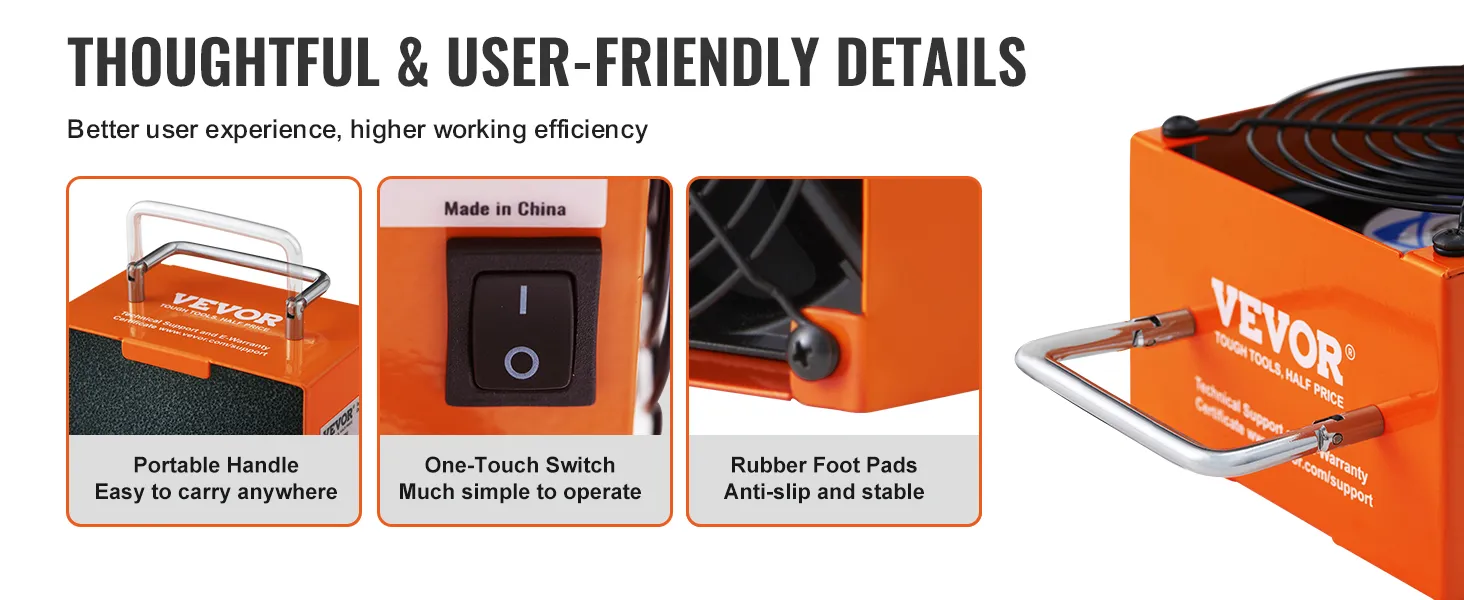 VEVOR solder fume extractor with portable handle, one-touch switch, and anti-slip rubber foot pads.