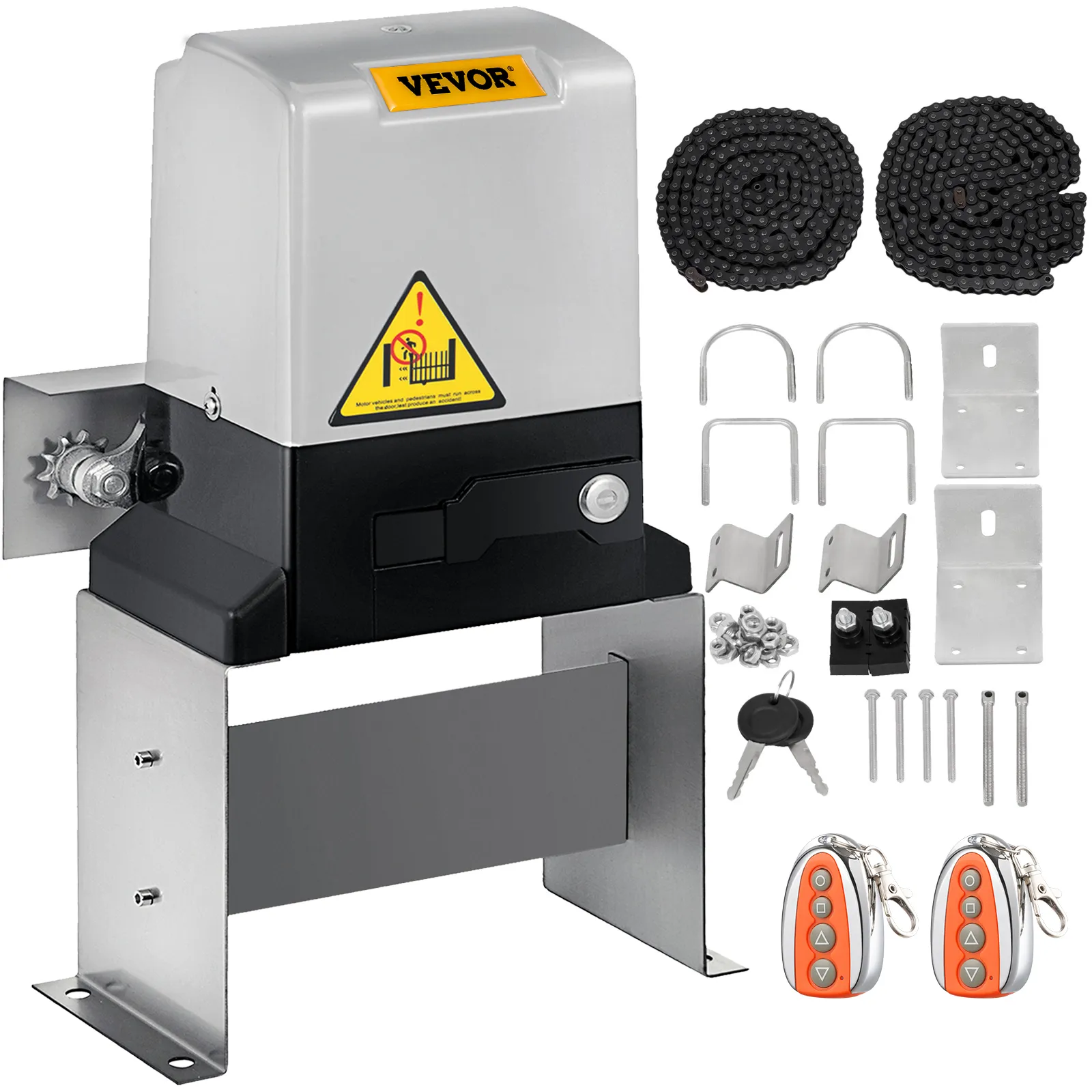 VEVOR automatic sliding gate opener with accessories including chains and remotes.