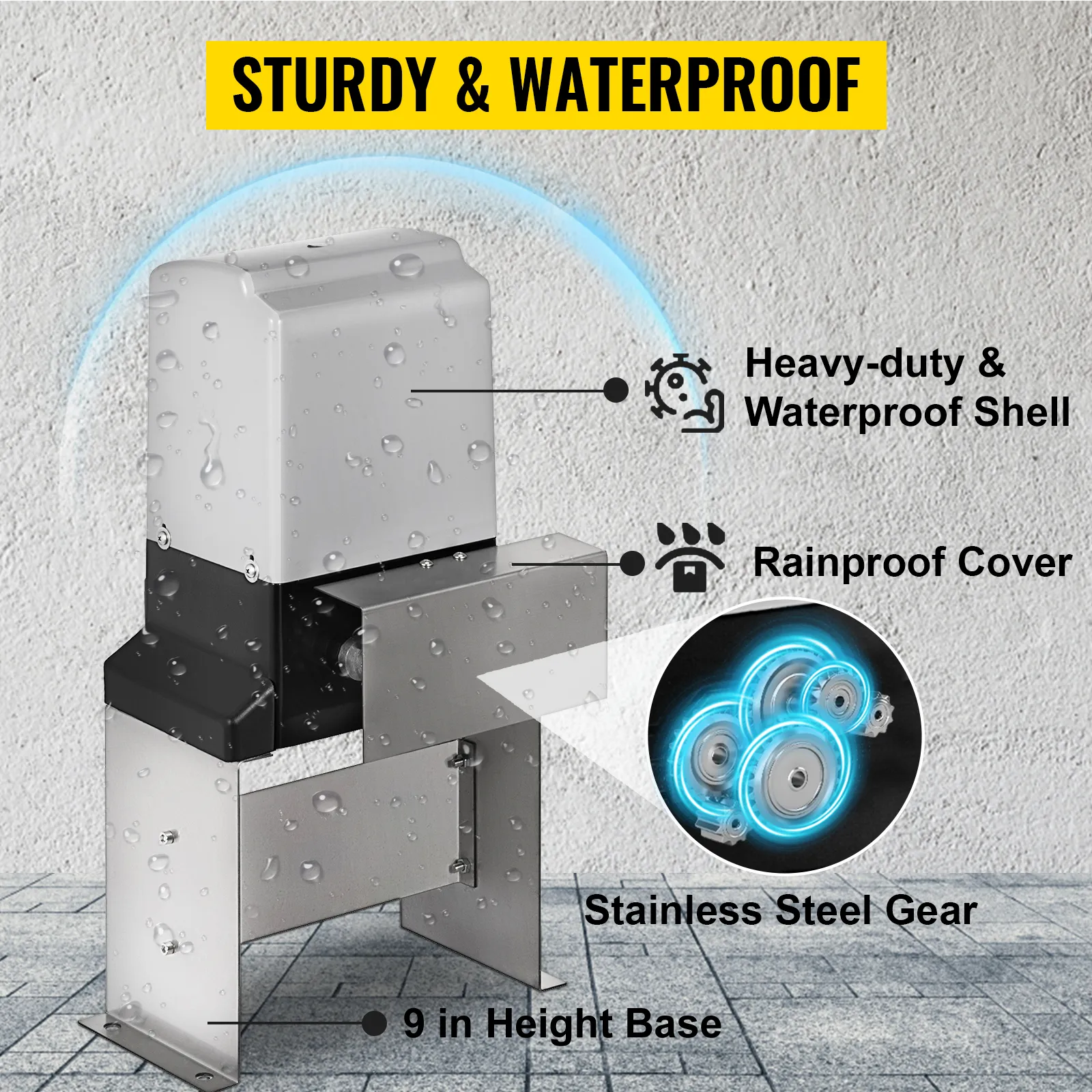 VEVOR automatic sliding gate opener with waterproof shell, rainproof cover, stainless steel gear.