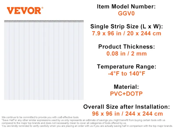 VEVOR cortina de tiras ggv0, 96x96in, 0.08in grosor, material pvc+dotp.