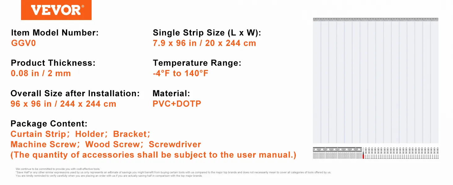 VEVOR cortina de tiras ggv0, 96x96in, 0.08in grosor, material pvc+dotp.