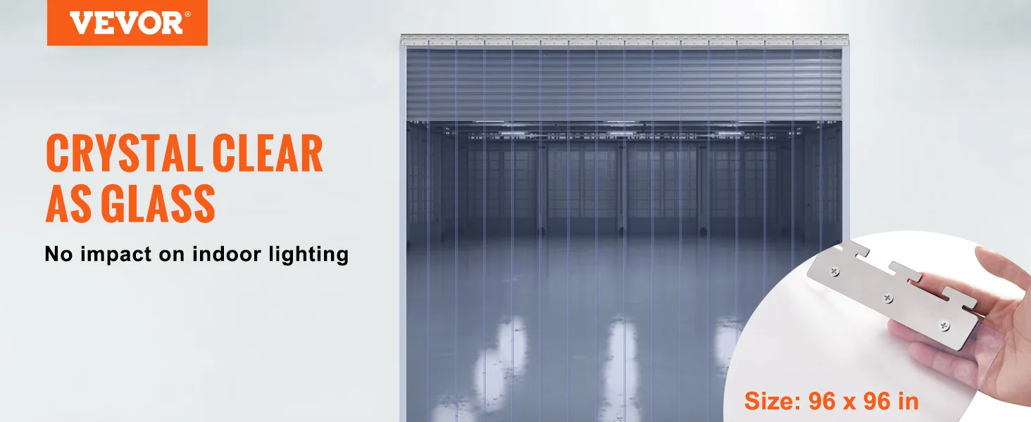 Cortina de puerta de tiras de PVC VEVOR, transparente, sin impacto en la iluminación interior, tamaño: 96 x 96 pulgadas.