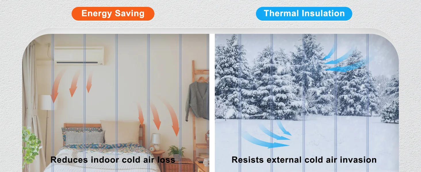 Cortina de puerta de tiras de pvc VEVOR: ahorro de energía, reduce la pérdida de aire frío interior, aislamiento térmico, resiste el frío externo.
