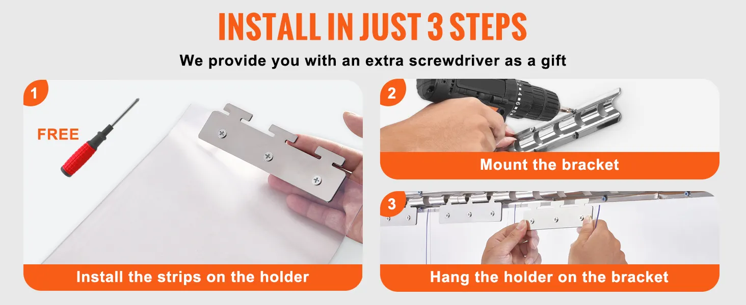 Instalar cortina de puerta de tiras de PVC VEVOR: destornillador adicional, soporte de montaje, soporte para colgar en 3 pasos.