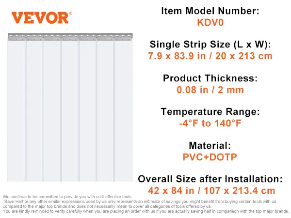 Cortina de tiras VEVOR, 42 x 84 pulgadas, pvc + dotp, -4°f a 140°f, incluye tira de cortina, soporte, soporte, tornillos.