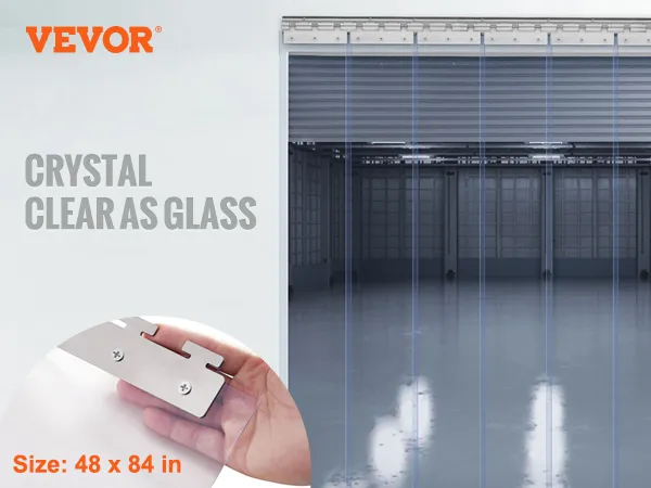Cortina de tiras VEVOR, 48 x 84 pulgadas, transparente como el vidrio, sin impacto en la iluminación interior y fácil instalación.