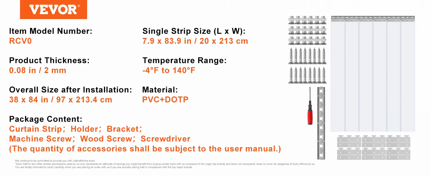 VEVOR freezer curtain, model rcv0, pvc+dotp, size 38x84 in, temperature range -4°f to 140°f.