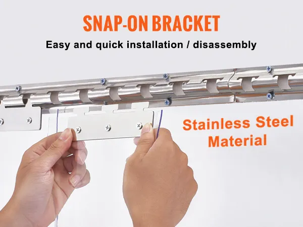 hands installing VEVOR freezer curtain with stainless steel snap-on bracket for easy assembly.