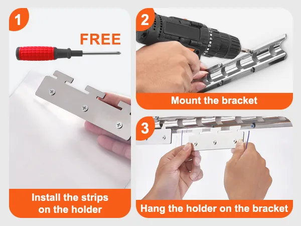 install the VEVOR freezer curtain in 3 steps: attach strips to holder, mount bracket, hang holder on bracket.
