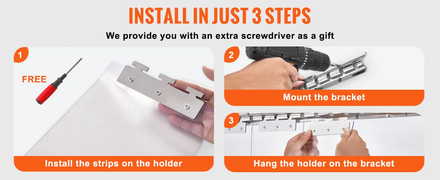 install the VEVOR freezer curtain in 3 steps: attach strips to holder, mount bracket, hang holder on bracket.