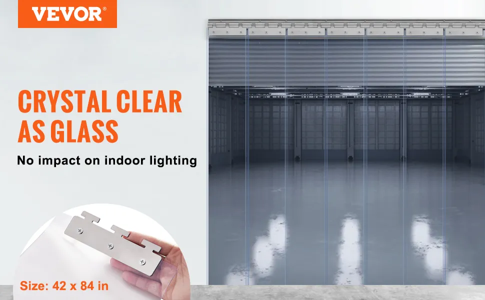 Tenda a strisce VEVOR, materiale PVC trasparente, dimensioni 42 x 84 pollici, nessun impatto sull'illuminazione interna.