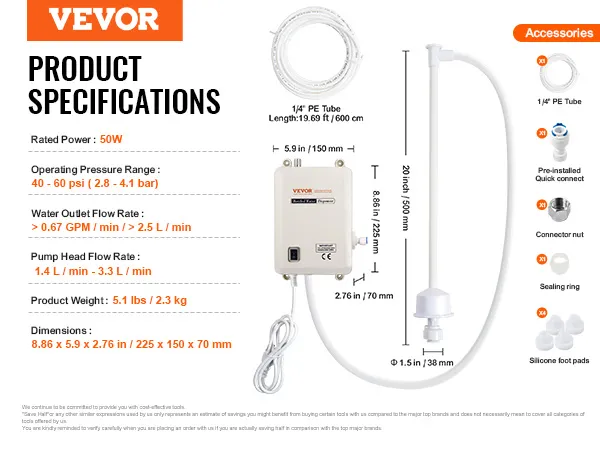 Dispensador de agua VEVOR con potencia de 50 W, caudal de 0,67 gpm y accesorios que incluyen tubo de PE, conexión rápida.