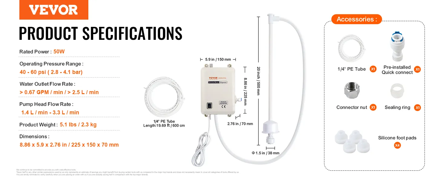 Dispensador de agua VEVOR con potencia de 50 W, caudal de 0,67 gpm y accesorios que incluyen tubo de PE, conexión rápida.