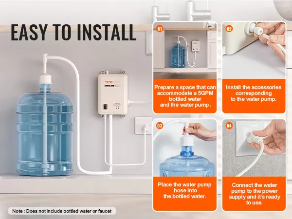 Fácil instalación del dispensador de agua VEVOR con pasos para conectar y alimentar la bomba de agua en una configuración de cocina.