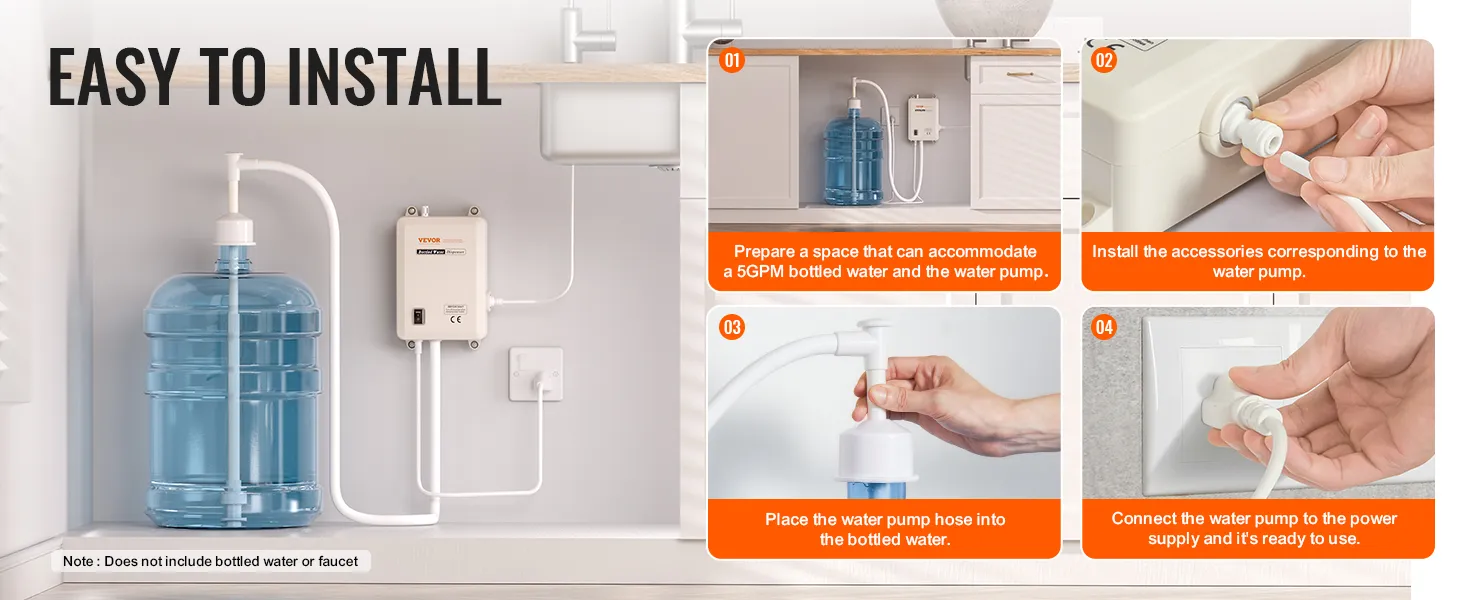 Fácil instalación del dispensador de agua VEVOR con pasos para conectar y alimentar la bomba de agua en una configuración de cocina.