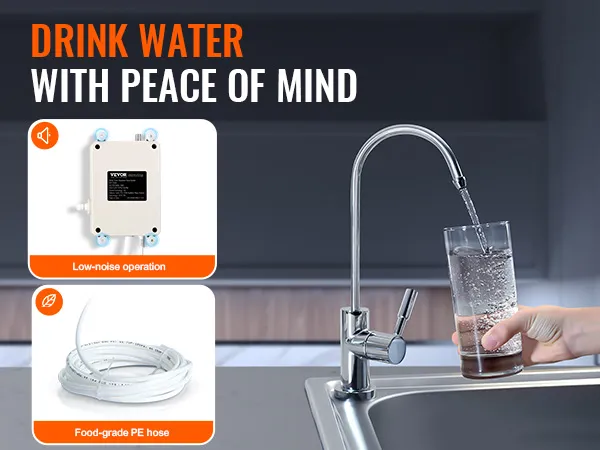 Dispensador de agua VEVOR: funcionamiento silencioso y manguera de PE de grado alimenticio para agua potable de calidad.