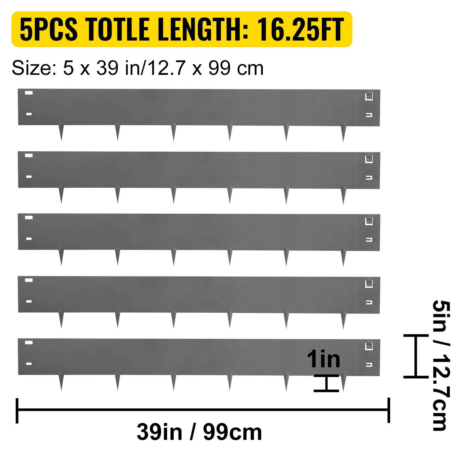 5 bordes de césped de acero VEVOR, longitud total de 16,25 pies, tamaño de 5 x 39 pulgadas, profundidad de 1 pulgada.