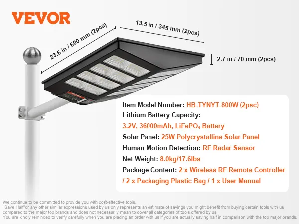 Lampione solare VEVOR, hb-tynyt-800w. Batteria al litio: 3,2v 36000mah, pannello solare: 25w.