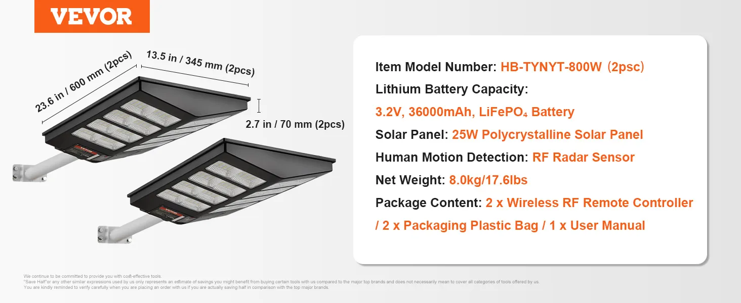 Lampione solare VEVOR, hb-tynyt-800w. Batteria al litio: 3,2v 36000mah, pannello solare: 25w.