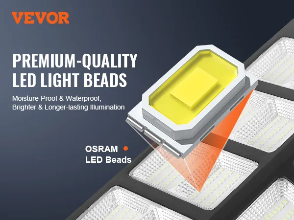 Lampione solare VEVOR con perle luminose a LED OSRAM di alta qualità, resistente all'umidità e all'acqua.