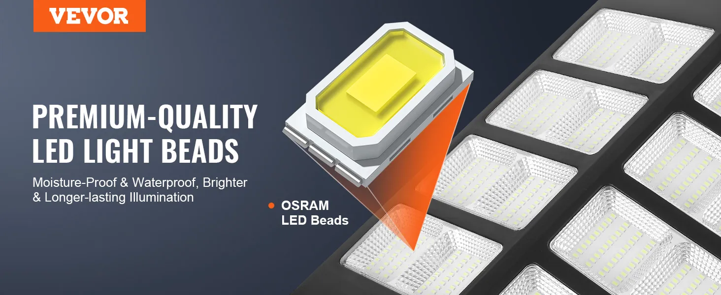 Lampione solare VEVOR con perle luminose a LED OSRAM di alta qualità, resistente all'umidità e all'acqua.