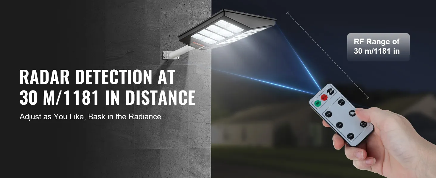 Lampione solare VEVOR con telecomando e rilevamento radar fino a 30 metri.