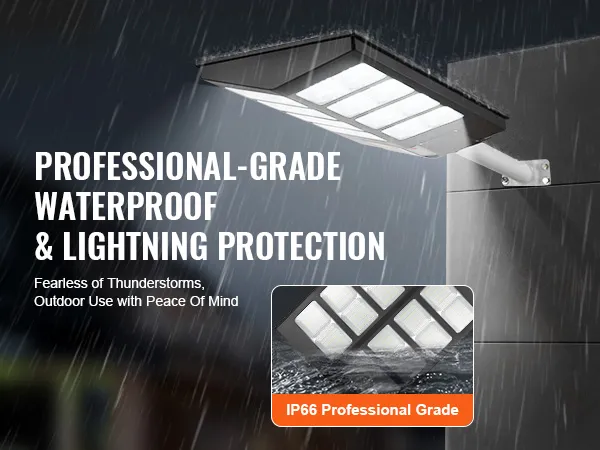 Lampione solare VEVOR, di livello professionale, impermeabile e con protezione contro i fulmini, per uso esterno. Grado di protezione IP66.