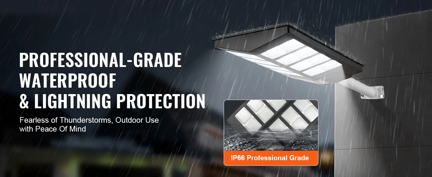 Lampione solare VEVOR, di livello professionale, impermeabile e con protezione contro i fulmini, per uso esterno. Grado di protezione IP66.