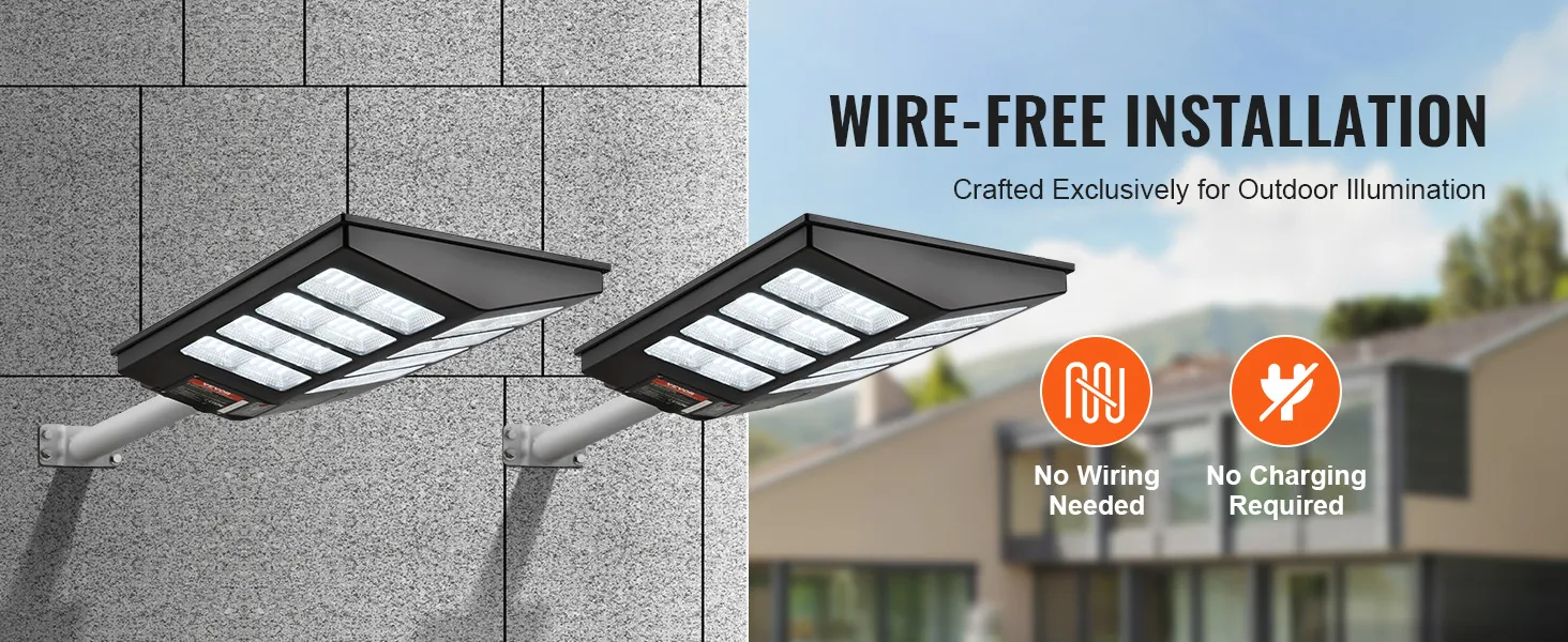 Lampione solare VEVOR con installazione senza fili montata a parete, senza bisogno di cavi o ricarica.