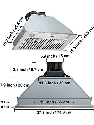 Campana extractora insertable VEVOR con medidas que resaltan sus dimensiones y características.