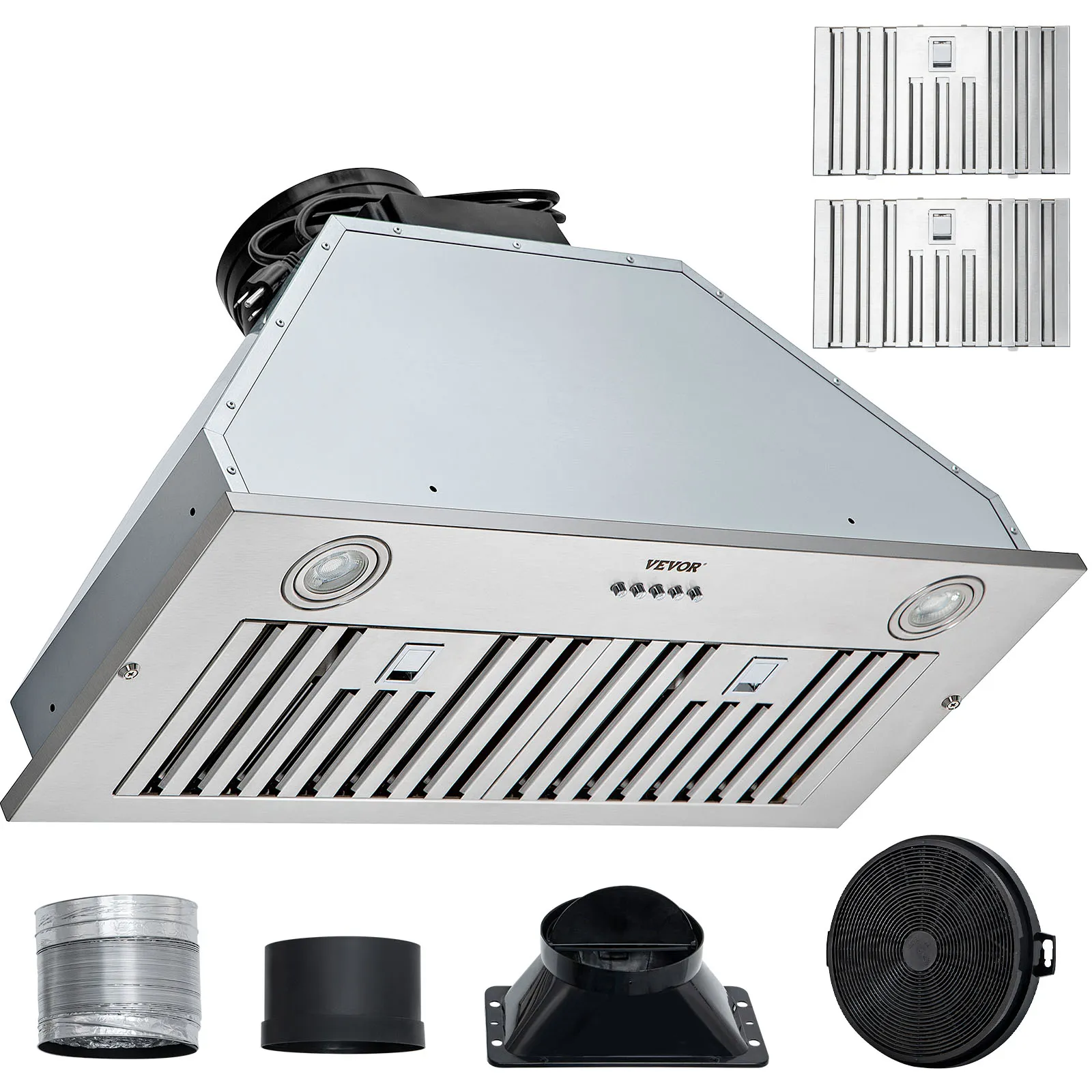 Campana extractora insertable VEVOR con accesorios, acabado en acero inoxidable, luces led y filtros.