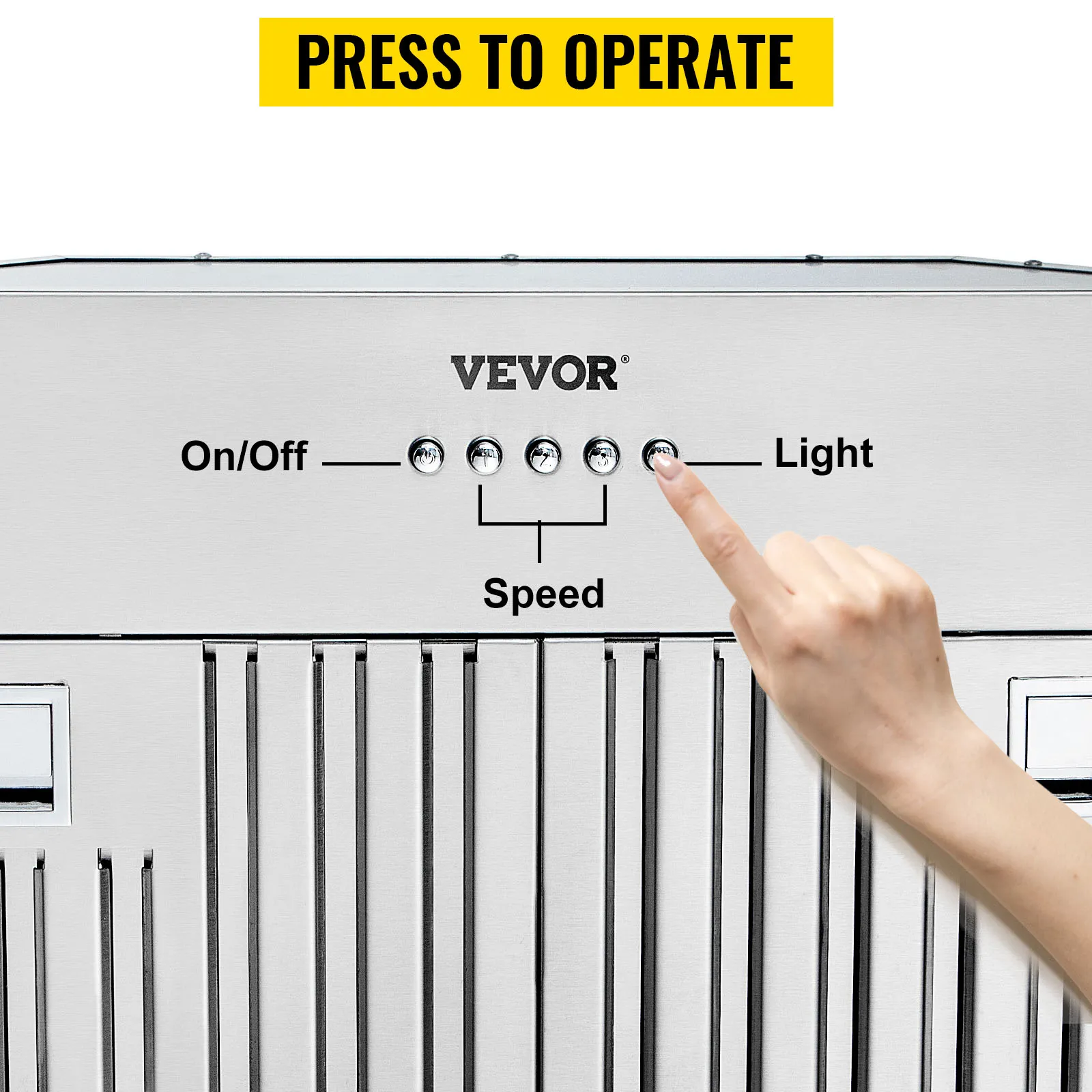 Botón presionando con la mano en el panel de control de la campana extractora insertable VEVOR con configuraciones de velocidad y luz.