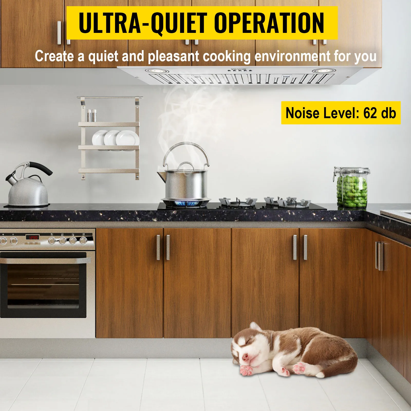 Campana extractora insertable VEVOR en cocina moderna con funcionamiento ultra silencioso, cachorro durmiendo.