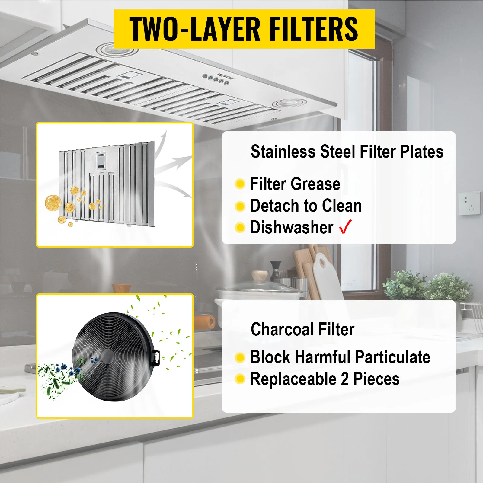 Filtros de acero inoxidable y carbón para campana extractora insertable VEVOR, con filtrado de grasa y piezas reemplazables.