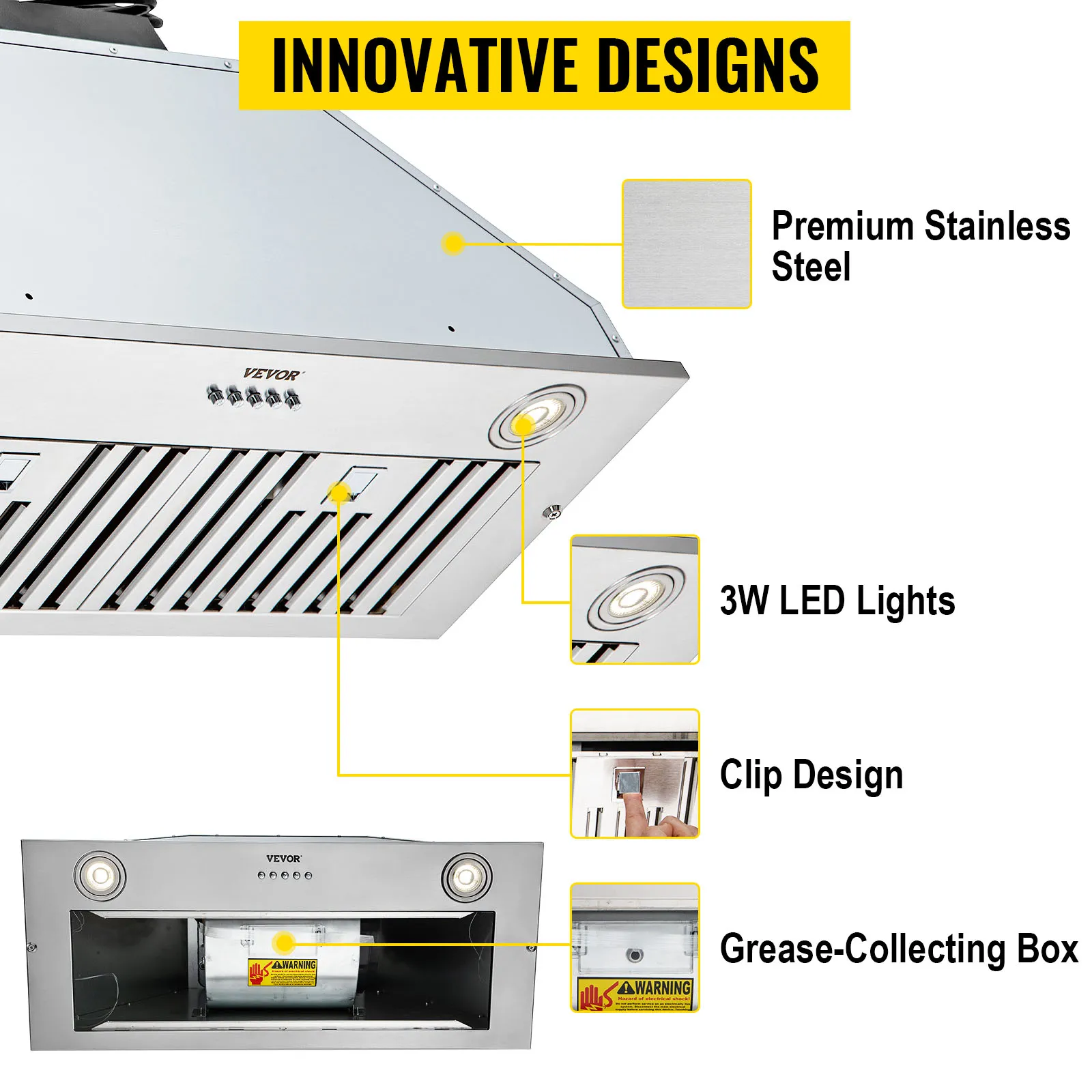 La campana extractora insertable VEVOR cuenta con acero inoxidable de primera calidad, luces LED de 3 W y caja recolectora de grasa.