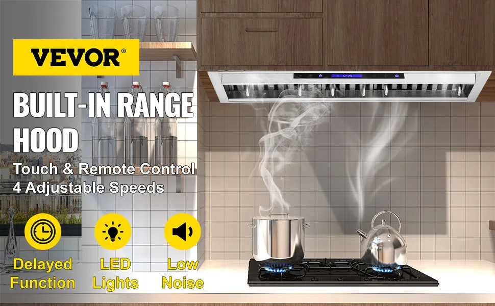 Campana extractora insertable VEVOR con control táctil y remoto, 4 velocidades, función retardada, luces led, bajo nivel de ruido.