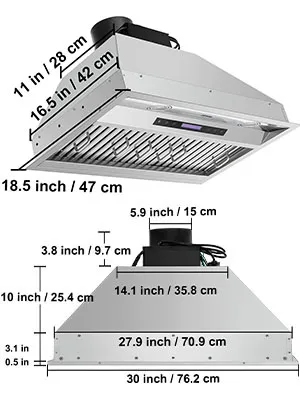 Campana extractora insertable VEVOR con dimensiones, destacando construcción en acero inoxidable y panel de control led.