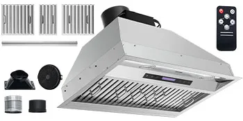 Campana extractora insertable VEVOR con filtros, conducto, panel de control y mando a distancia, en acero inoxidable.